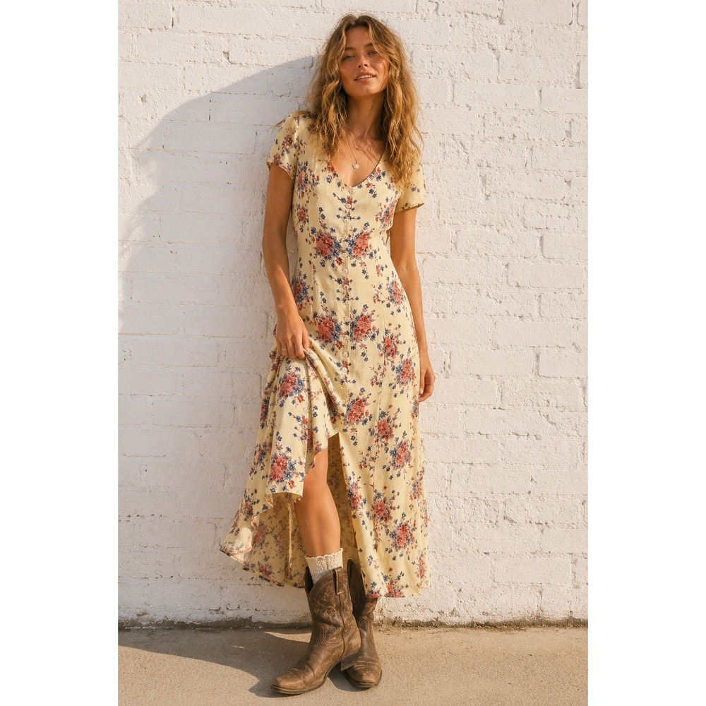 Vintage Floral Button Front Midi Dress Cottagecore Grunge Fairy Boho Medium